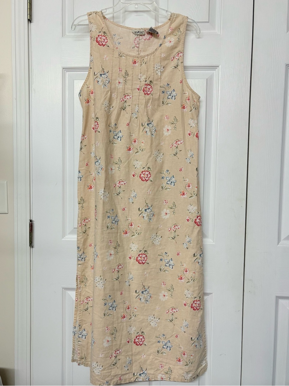 Vintage White Stag Linen Cotton Blend Floral Pintucked Maxi Sundress Sz M
